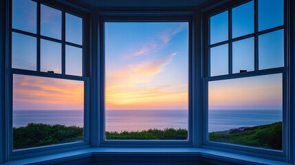 Bay Window Sunrise View Over Ocean. Coastal landscape through Victorian-style windows. Home interior and peaceful morning concept 
