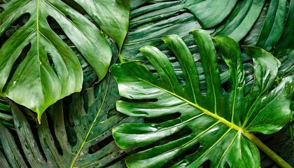 closeup nature view of tropical green monstera leaf and palms background flat lay fresh wallpaper banner concept
