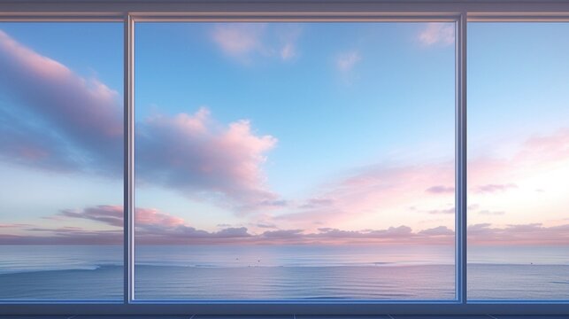 Fototapeta Ocean View from Modern Window at Dawn. Large window with sea and sky gradient. Interior design and peaceful living concept