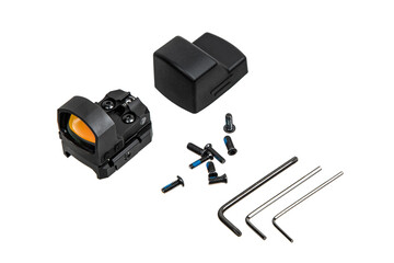 Modern optical collimator sight. Aiming device for shooting at short distances. Isolate on a white back.