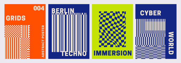 Trendy retro print. Set of posters for events, Cyber futuristic brutalism style, geometry grid pattern, neon colors. Rave music party of flyer design templates. Asymmetrical. Pixels, barcode