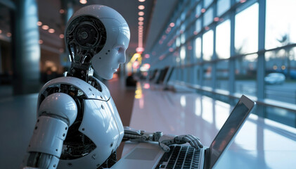 A robot working at a laptop in a beautiful glass office, artificial intelligence working at a computer