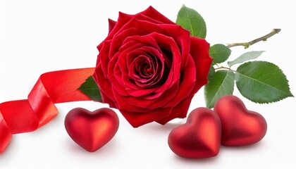 Fototapeta na wymiar valentine s day design elements isolated on white background rose flower and pairs of red hearts red silk ribbon with natural transparent shadow on transparent background clipping path png