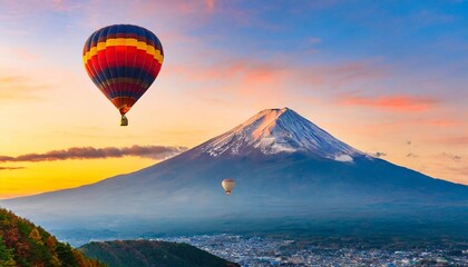 Fototapeta premium view of beautiful fuji mountain with hotr balloon at sunset