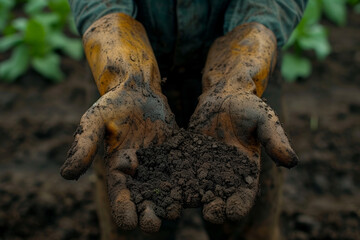 An image of a farmer's weathered hands, stained with soil and hard work, portraying the authentic essence of agricultural life. Concept of genuine labor. Generative Ai.