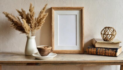 empty wooden picture frame mockup hanging on beige wall background boho shaped vase dry flowers on table cup of coffee old books working space home office art white room with a table