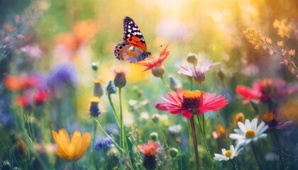 beautiful field of colorful wild flowers and butterflies in the rays of sunlight in summer in the...