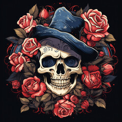 Bandit skull with roses illustration.