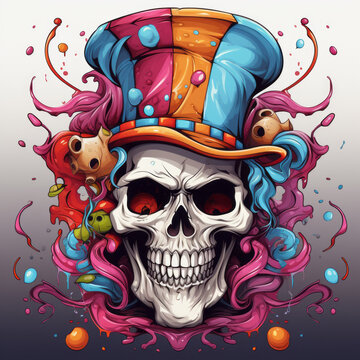 Clown skull wearing mafia hat illustration.