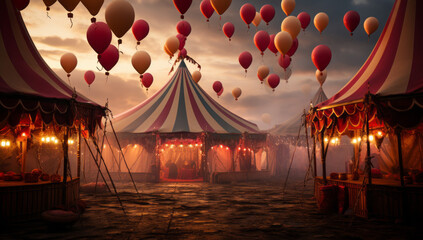 a circus tent with balloons around it. - obrazy, fototapety, plakaty