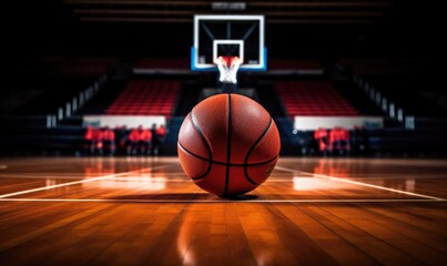 A basketball on an amazing empty basketball court.
