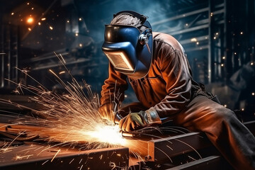 A man welder in brown uniform, welding mask, weld metal construction site. - obrazy, fototapety, plakaty