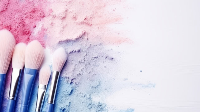 Background image, Pastel pink and blue makeup brushes laid flat on a white surface.
