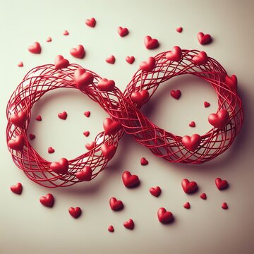 woven from large threads image of infinity sign, studded with small red hearts, light neutral background 