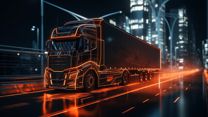 Futuristic truck with trailer scene with wireframe intersection Illustration. - obrazy, fototapety, plakaty
