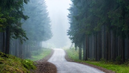 misty road in fir forest minimalistic scenery