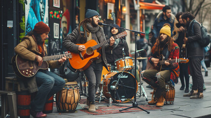 Vibrant street musicians captivate audiences with their soulful performances, embodying the dynamic essence of urban culture and artistic expression.