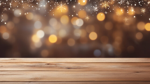 Christmas holiday background with empty wooden table.