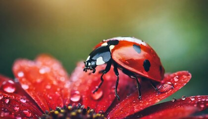 ladybug on red flower petal with water drops close up a ladybug sitting on a red flower on blurred background generated - Powered by Adobe