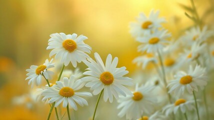 Fototapeta premium White daisy flowers blooming in natural yellow light