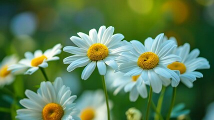 Fototapeta premium Nature scene with yellow light and white daisy flowers