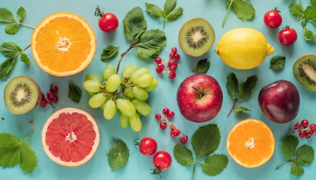 Creative Neatly Arranged Food Layout With Fruits Vegetables And Leaves On Bright Background Minimal Healthy Food Concept Flat Lay