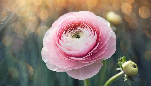 beautiful large delicate pink ranunculus flower in streaks of light and shadow ranunculus clooney hanoi buttercup flower place for your text photo overlay effect