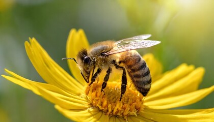 bee and flower banner close up of a large striped bee collecting pollen on a yellow flower on a sunny bright day macro horizontal photography summer and spring backgrounds