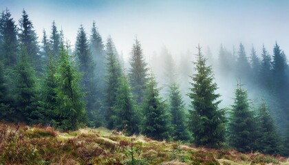 Fototapeta na wymiar misty fir forest