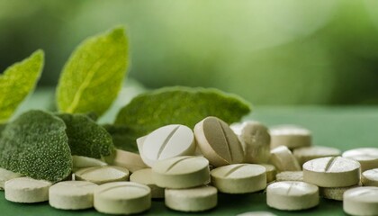 Close up of green and healthy vitamin pills and green natural background for healthy suppliments