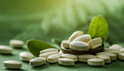 Fototapeta na wymiar Close up of green and healthy vitamin pills and green natural background for healthy suppliments