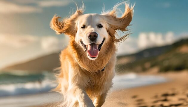 an enchanting 4k wallpaper featuring an award winning photograph of a playful golden retriever running on a sandy beach with its ears flapping in the wind and a big smile on its face