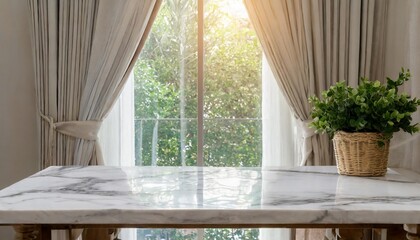 empty marble desk in front of window light and white curtains home interior with table countertop product placement display in luxury house