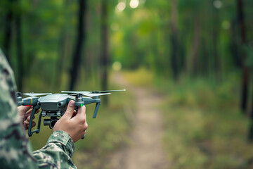 a military man controls a small drone - obrazy, fototapety, plakaty