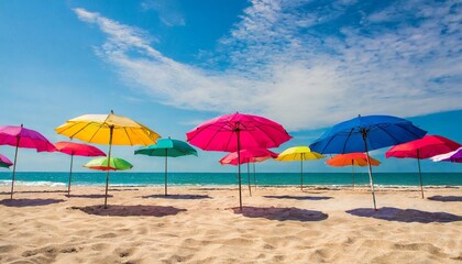Fototapeta na wymiar colorful umbrellas pattern on a sandy beach with a bright summer blue sky vacation getaway background
