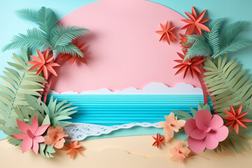 Fototapeta na wymiar colorful summer time background with tropical beach paper craft style.