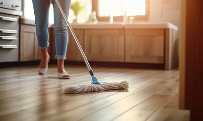 Close up photo of young woman cleaning floor with a wet mop