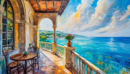 oil painting balcony near the sea