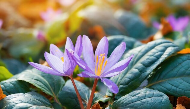 purple flowers of a colchicum among figured leaves brunnera bright blossoming of autumn day