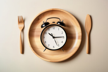 Concept of intermittent fasting, showing an empty plate and a clock. The practice of eating within specific time.