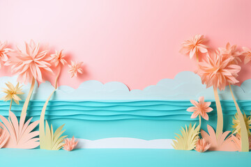 Fototapeta na wymiar colorful summer time background with tropical beach paper craft style.