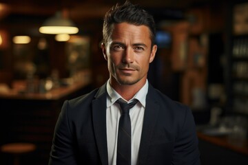 Fototapeta premium A successful and handsome executive in a suit exudes confidence, standing against the background of his bar.