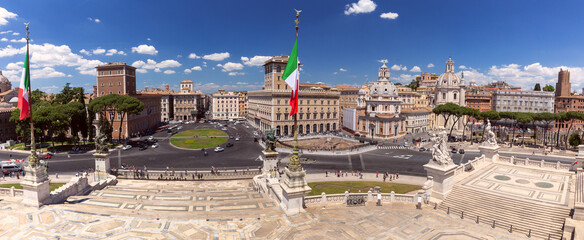 Panoramic shot of Piazza Venezia in Rome on a sunny day.