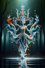 Artistic depiction of a vibrant, colorful liquid splash tree, symbolizing growth and creativity, set in a serene forest reflecting on a water surface.Digital art Concept .AI generated.