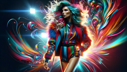 A surreal portrait of a woman with flowing hair, enveloped in vibrant, swirling colors, exuding a futuristic and energetic vibe against a dark backdrop.Fashion concept.AI generated.