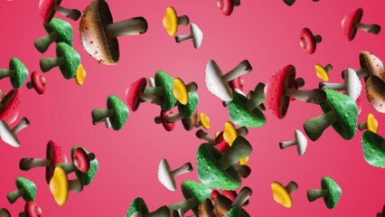 Lots Of Fresh Different Type Of  Mushroom Falling On Gradient Soft  Background. Colorful Various Mushroom Falling Animation, Health Benefits Of Fresh Mushroom , Vegetable And Healthy Concept, Slow Mot