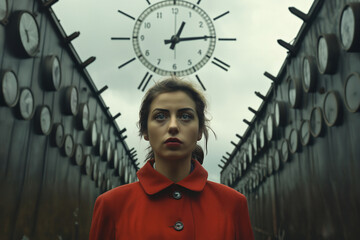 portrait of a beautiful woman in a fashionable red coat and makeup on an abstract industrial dark background with a clock on the walls, in the style of surrealism