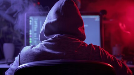 hacker wearing a hoodie looking at computer monitor with light purple and red light on, in the style of mysterious backdrops