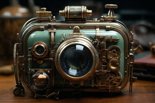 retro mechanical camera or hybrid measuring device, close-up of an object, steampunk-style concept
