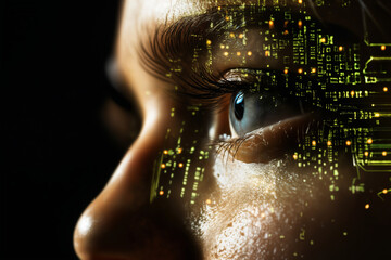 a woman face closeup with green holography lights particles on eye, dark background, digital future concept